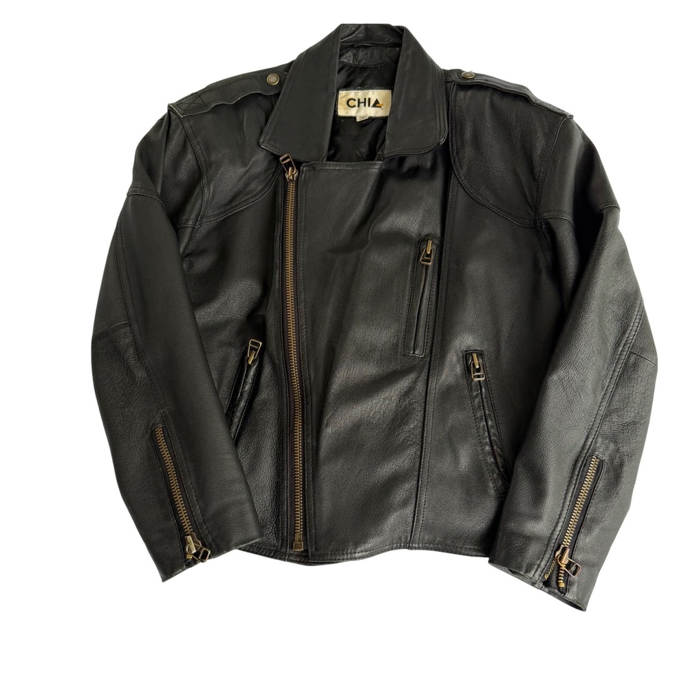 Vintage CHIA Black Leather Motorcycle Jacket Asymmetric Biker Moto Punk Goth